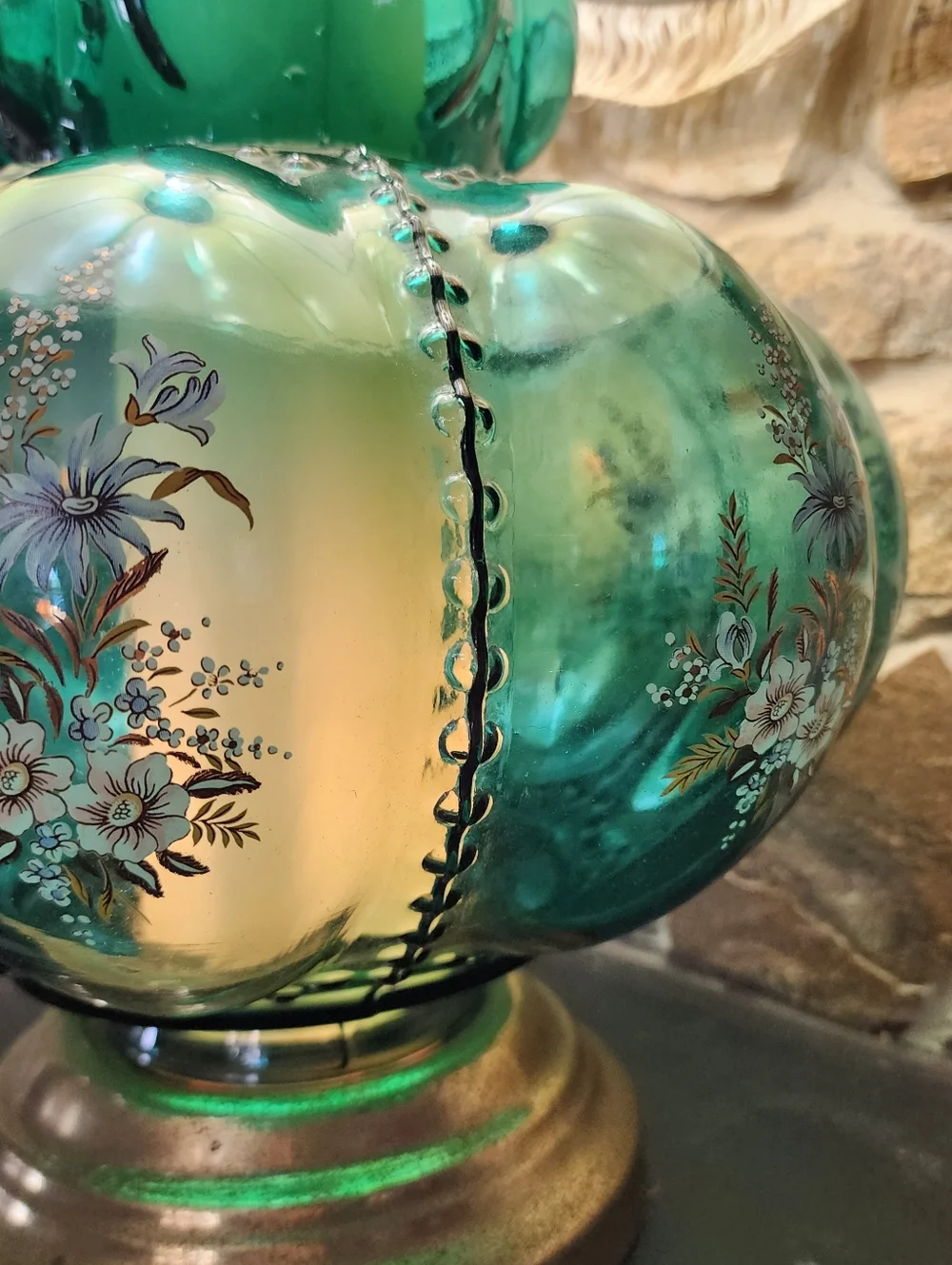 Rare 1940s Emerald Green GWTW Lamp Hand Painted Enamel Dual Light Pristine